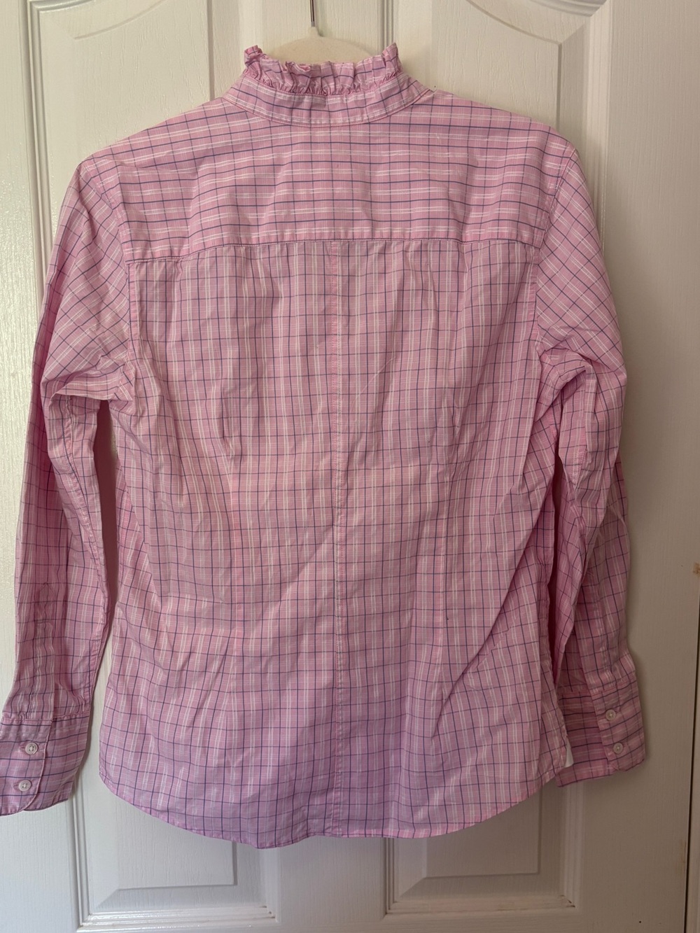 Pink, White, & Blue Plaid 100% Cotton Button-Down Shirt with Ruffle Detail ~ Med - Picture 2 of 15